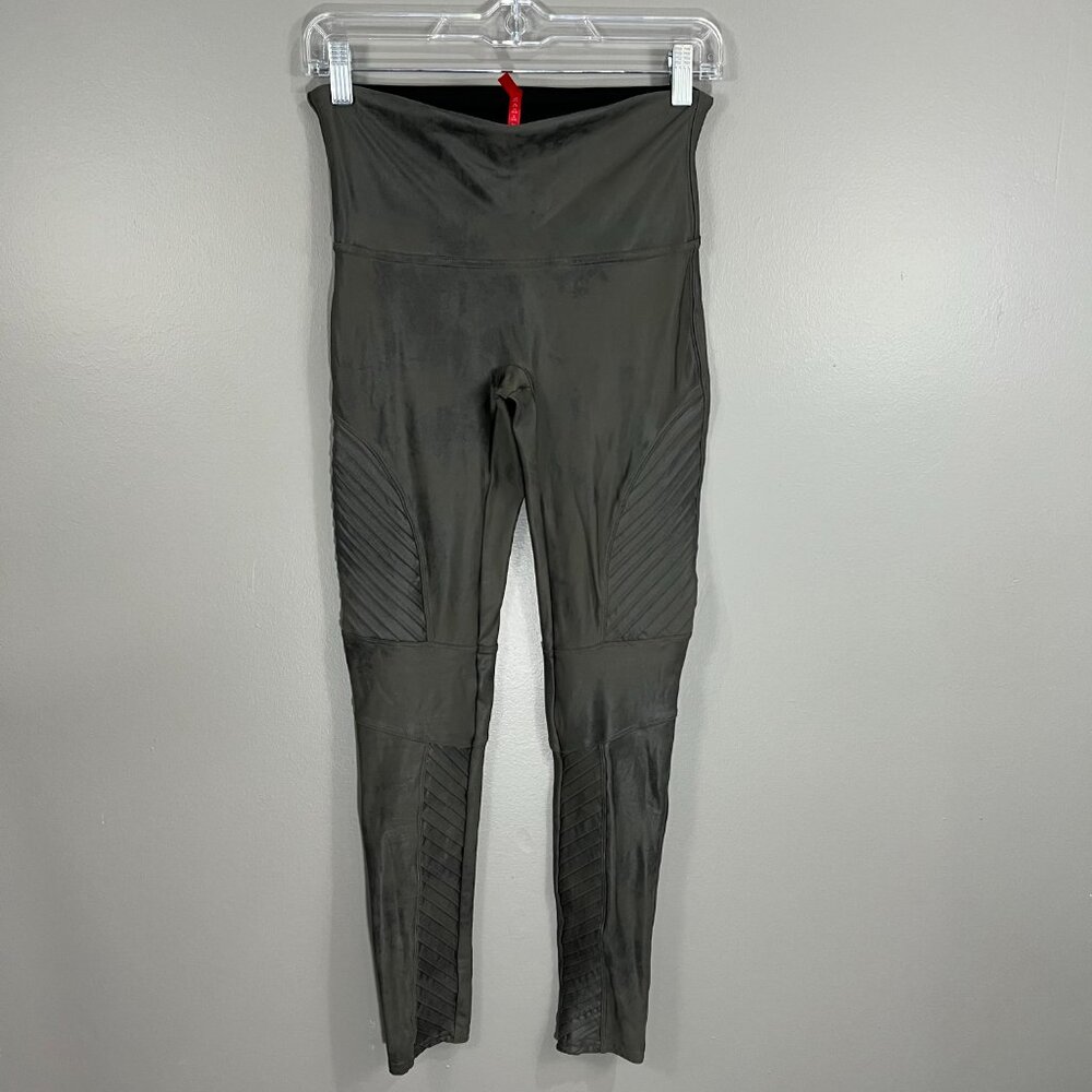 SPANX Large Faux Leather Look Charcoal Gray Moto Quilted Leggings